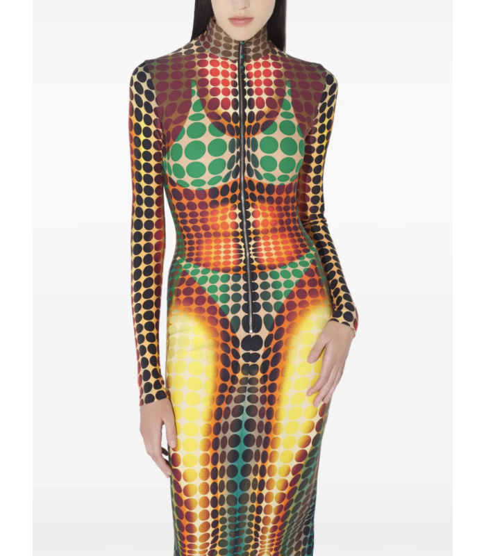 RE-EDITION LONG DRESS HIGH NECK WITH LONG SLEEVES AND CENTER FRONT ZIP CLOSING ORANGE/BLUE/BROWN