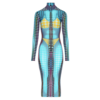 JEAN-PAUL GAULTIER RE-EDITION LONG DRESS HIGH NECK WITH LONG SLEEVES AND CENTER FRONT ZIP CLOSING BLUE/PURPLE/YELLOW