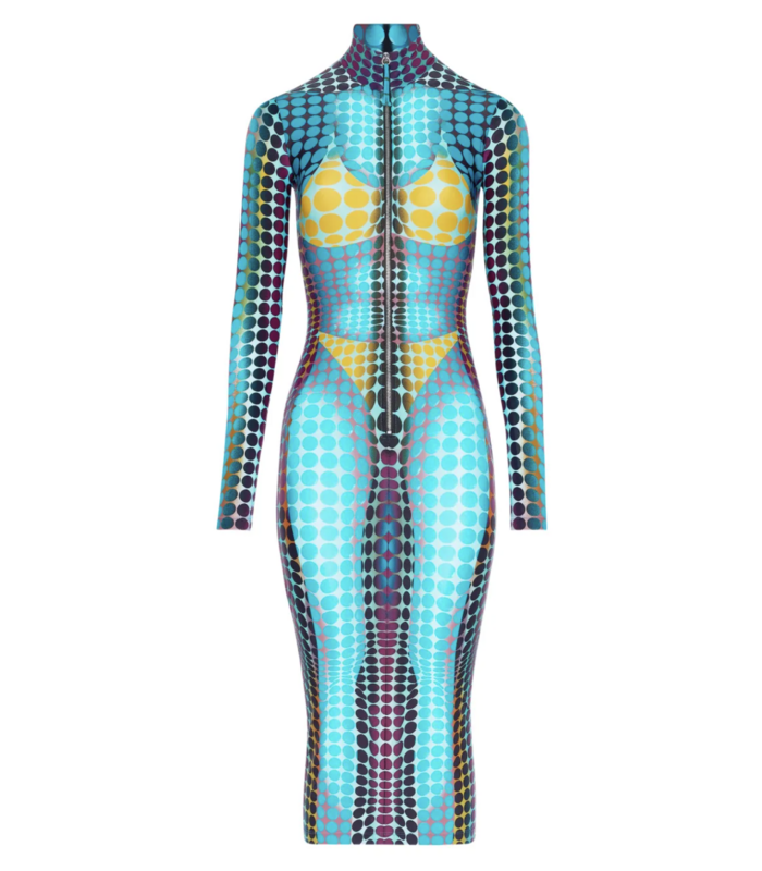 RE-EDITION LONG DRESS HIGH NECK WITH LONG SLEEVES AND CENTER FRONT ZIP CLOSING BLUE/PURPLE/YELLOW