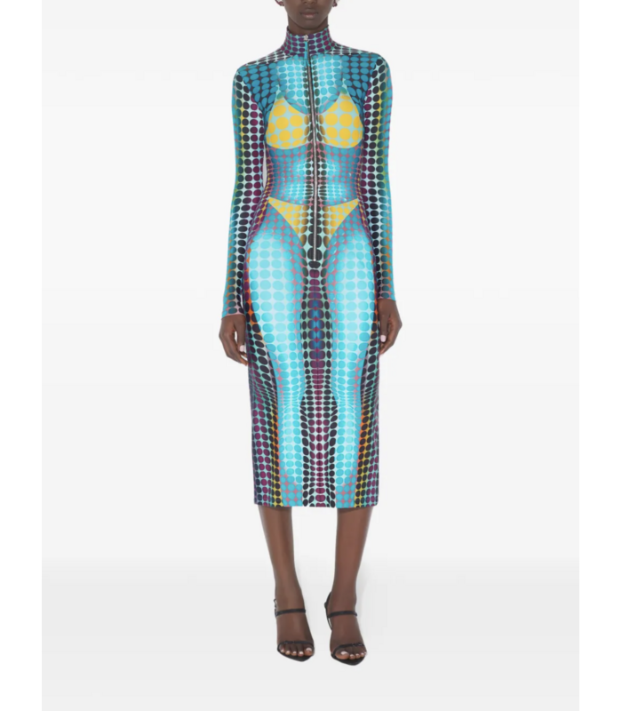 JEAN-PAUL GAULTIER RE-EDITION LONG DRESS HIGH NECK WITH LONG SLEEVES AND CENTER FRONT ZIP CLOSING BLUE/PURPLE/YELLOW