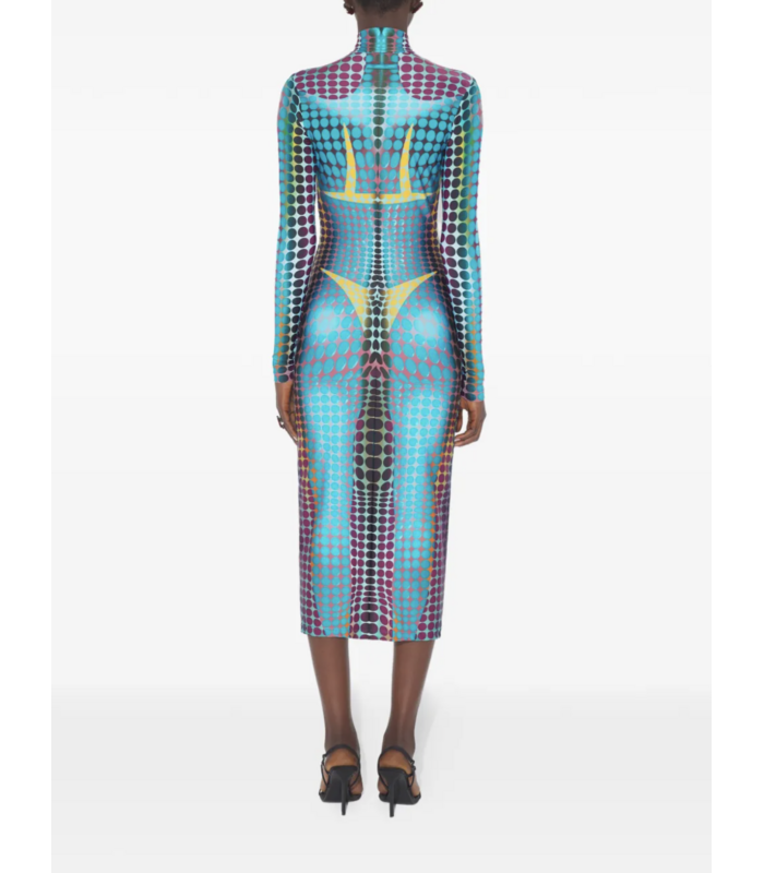 JEAN-PAUL GAULTIER RE-EDITION LONG DRESS HIGH NECK WITH LONG SLEEVES AND CENTER FRONT ZIP CLOSING BLUE/PURPLE/YELLOW