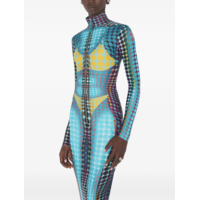 JEAN-PAUL GAULTIER RE-EDITION LONG DRESS HIGH NECK WITH LONG SLEEVES AND CENTER FRONT ZIP CLOSING BLUE/PURPLE/YELLOW