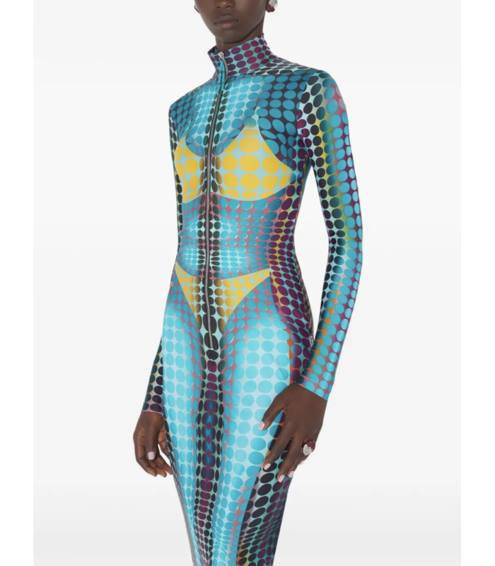 JEAN-PAUL GAULTIER RE-EDITION LONG DRESS HIGH NECK WITH LONG SLEEVES AND CENTER FRONT ZIP CLOSING BLUE/PURPLE/YELLOW