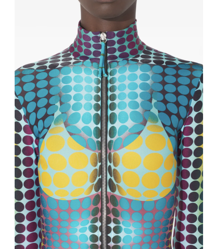 JEAN-PAUL GAULTIER RE-EDITION LONG DRESS HIGH NECK WITH LONG SLEEVES AND CENTER FRONT ZIP CLOSING BLUE/PURPLE/YELLOW