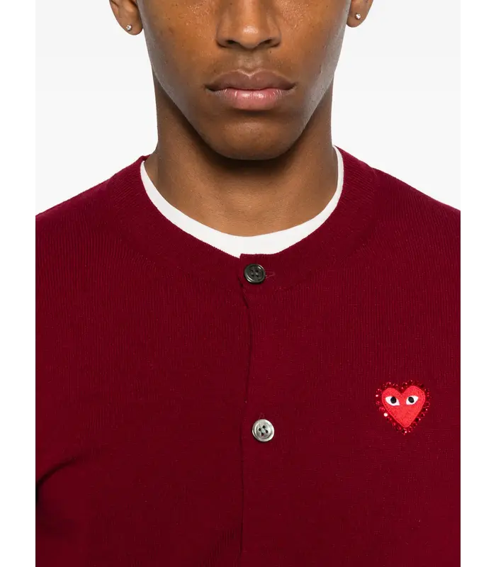 ROUND-NECK CARDIGAN RHINESTONE HEART BURGUNDY