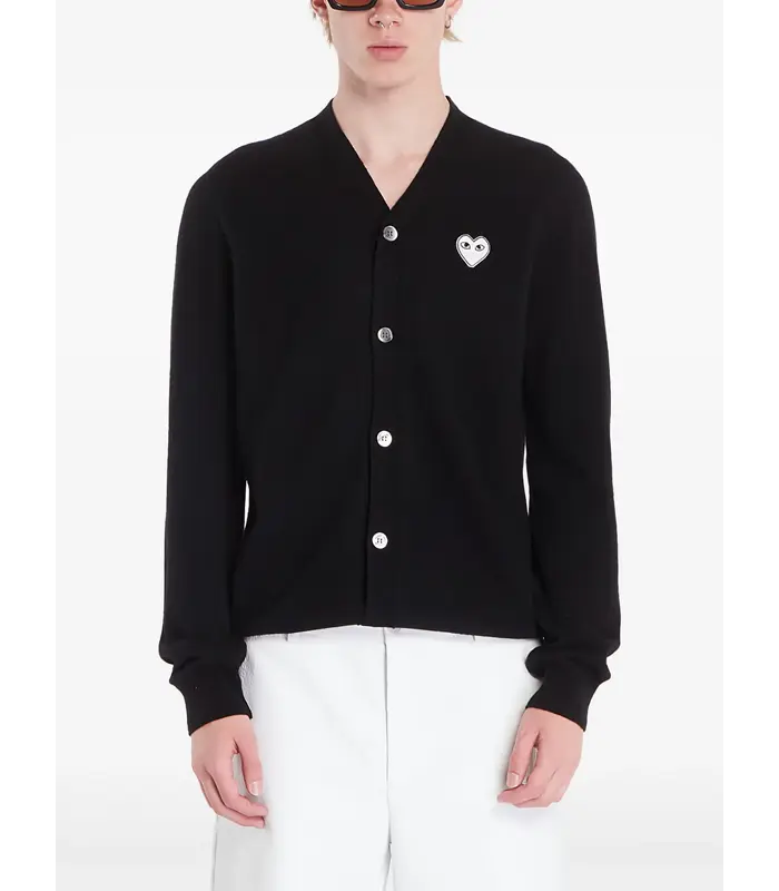 V-NECK CARDIGAN WHITE EMBLEM BLACK