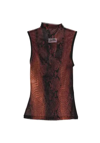 JEAN-PAUL GAULTIER mesh high neck tank top printed python brown/black