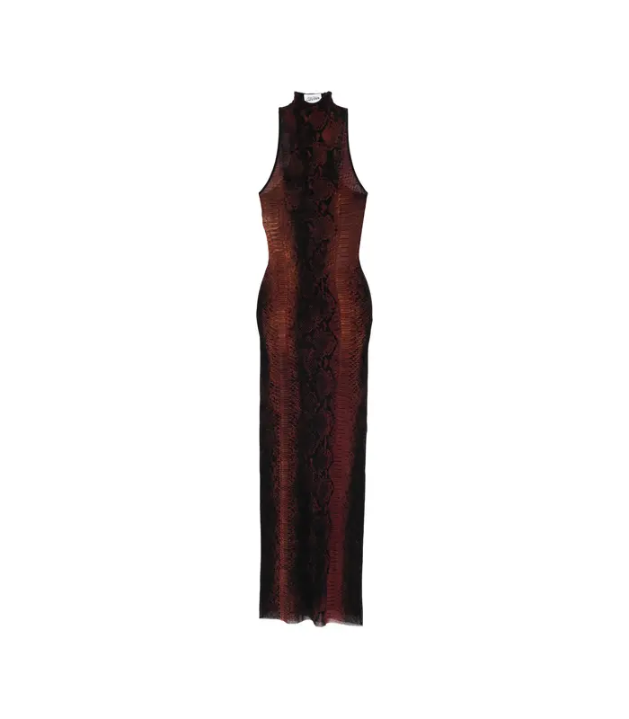 MESH HIGH NECK LONG DRESS PRINTED PYTHON BROWN/BLACK