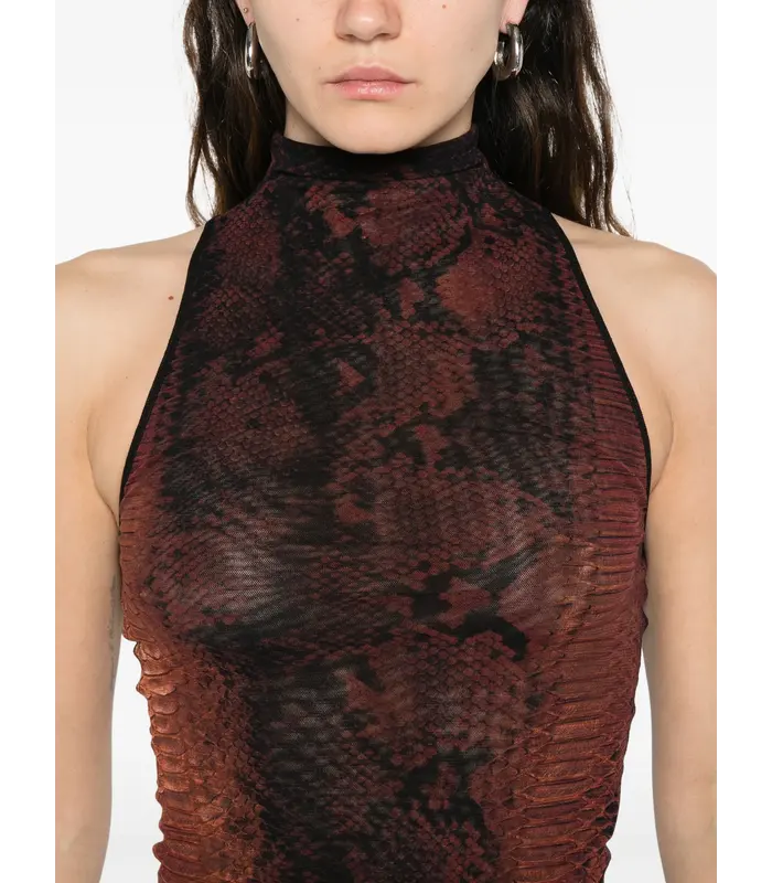 MESH HIGH NECK LONG DRESS PRINTED PYTHON BROWN/BLACK