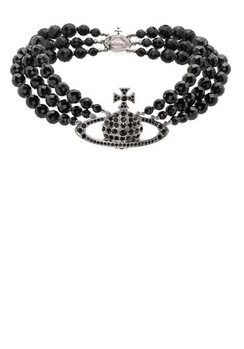 VIVIENNE WESTWOOD messaline 3 row choker platinum / ruthenium / black agate