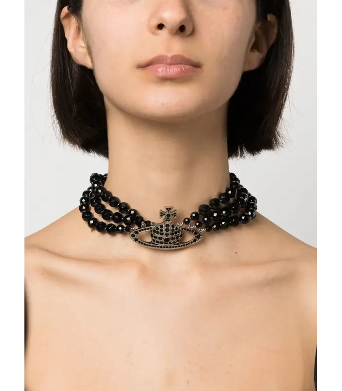 MESSALINE 3 ROW CHOKER PLATINUM/RUTHENIUM/BLACK AGATE