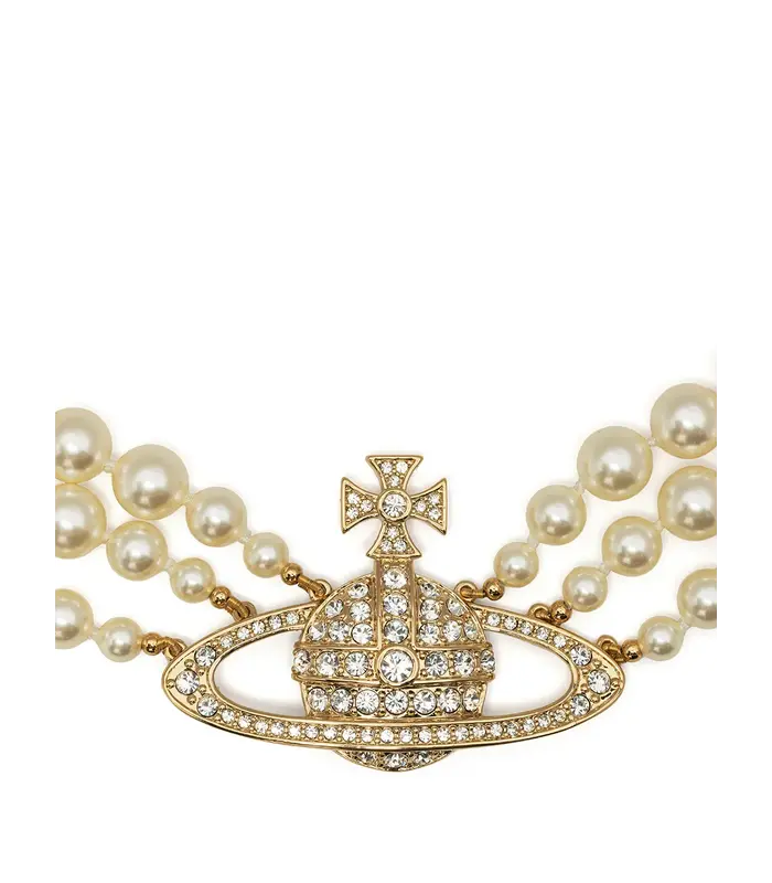 THREE ROW PEARL BAS RELIEF GOLD/PEARL/CRYSTAL