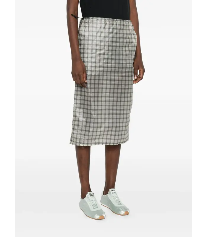 Nia See Through Printed Check Mid Skirt White