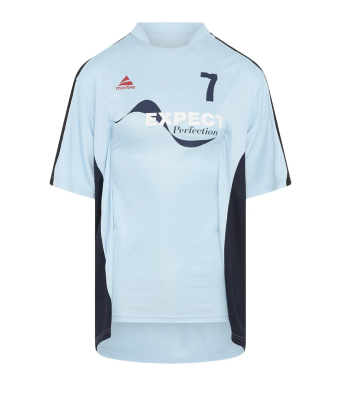 MARTINE ROSE WOMENS HALF STRETCH FOOTBALL TOP BLUE LIGHT BLUE