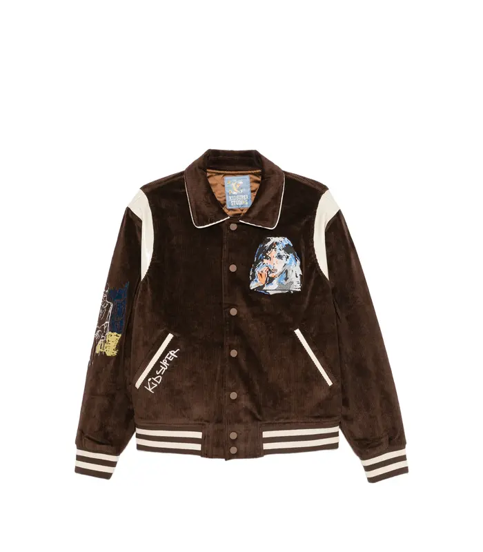 Washed Corduroy Embroidered Faces Jacket Brown