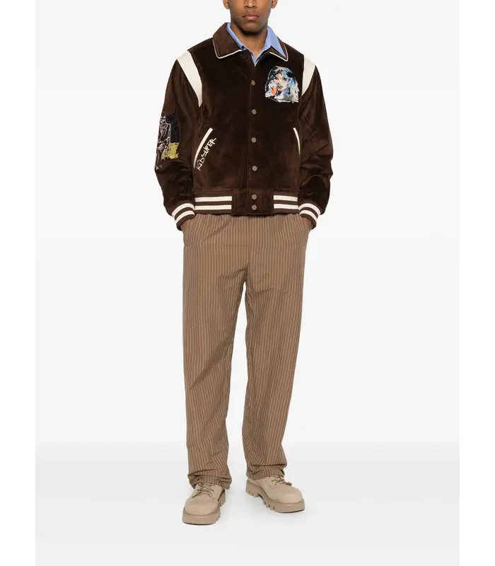 Washed Corduroy Embroidered Faces Jacket Brown