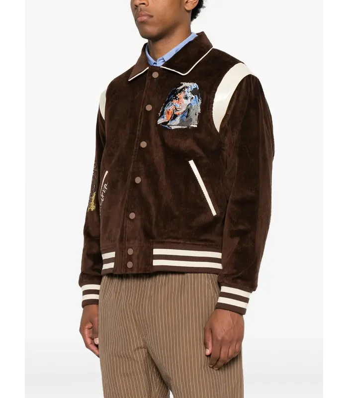 Washed Corduroy Embroidered Faces Jacket Brown