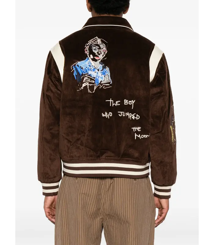 Washed Corduroy Embroidered Faces Jacket Brown