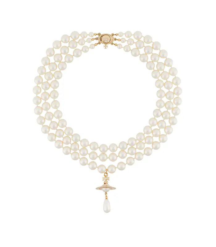 THREE ROW PEARL DROP CHOKER GOLD/PEARL/MULTI