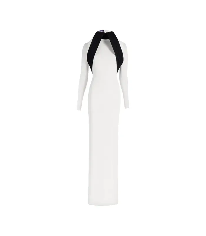 MIXED WOOL AND CREPE JERSEY SCULPTED DRESS VANILLA/BLACK