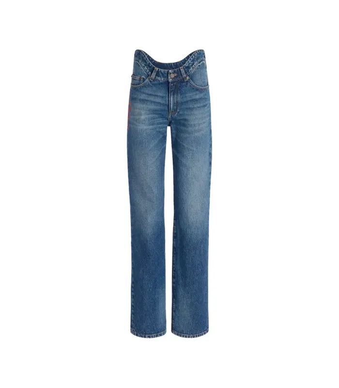 STRAIGHT DENIM PANT WITH WAVY WAISTBAND AND JPG PRINT DETAILS DARKVINTAGEBLUE/ROUGE