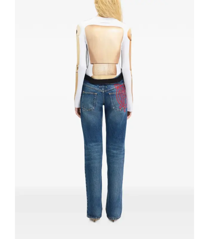 STRAIGHT DENIM PANT WITH WAVY WAISTBAND AND JPG PRINT DETAILS DARKVINTAGEBLUE/ROUGE