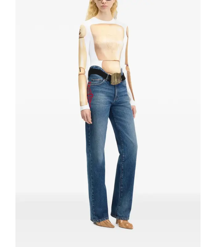 STRAIGHT DENIM PANT WITH WAVY WAISTBAND AND JPG PRINT DETAILS DARKVINTAGEBLUE/ROUGE