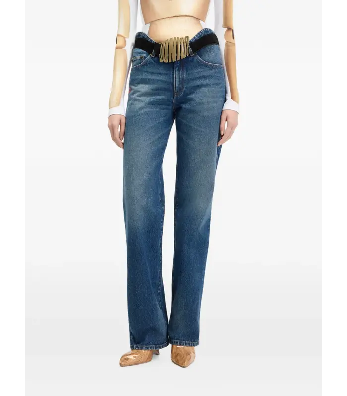 STRAIGHT DENIM PANT WITH WAVY WAISTBAND AND JPG PRINT DETAILS DARKVINTAGEBLUE/ROUGE
