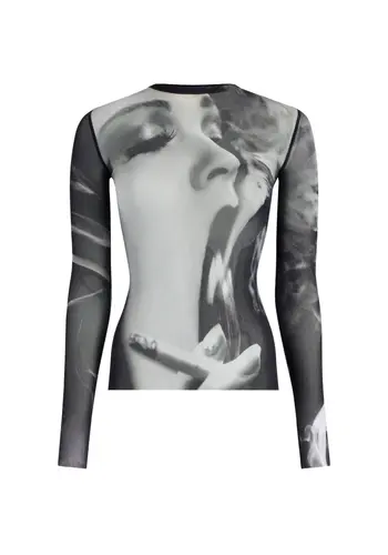 JEAN-PAUL GAULTIER mesh sleeves top printed "smoking woman" black/grey/white JEAN-PAUL GAULTIER mesh sleeves top printed "smoking woman" black/grey/white