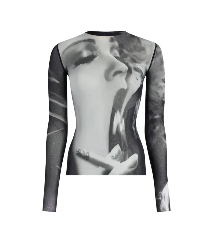 MESH LONG SLEEVES TOP PRINTED "SMOKING WOMEN" BLACK/GREY/WHITE