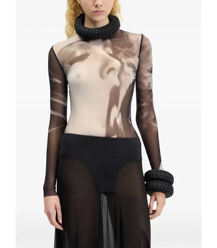 MESH LONG SLEEVES TOP PRINTED "SMOKING WOMEN" BLACK/GREY/WHITE