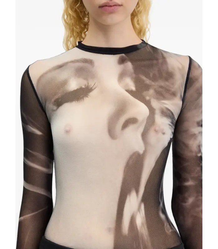 MESH LONG SLEEVES TOP PRINTED "SMOKING WOMEN" BLACK/GREY/WHITE