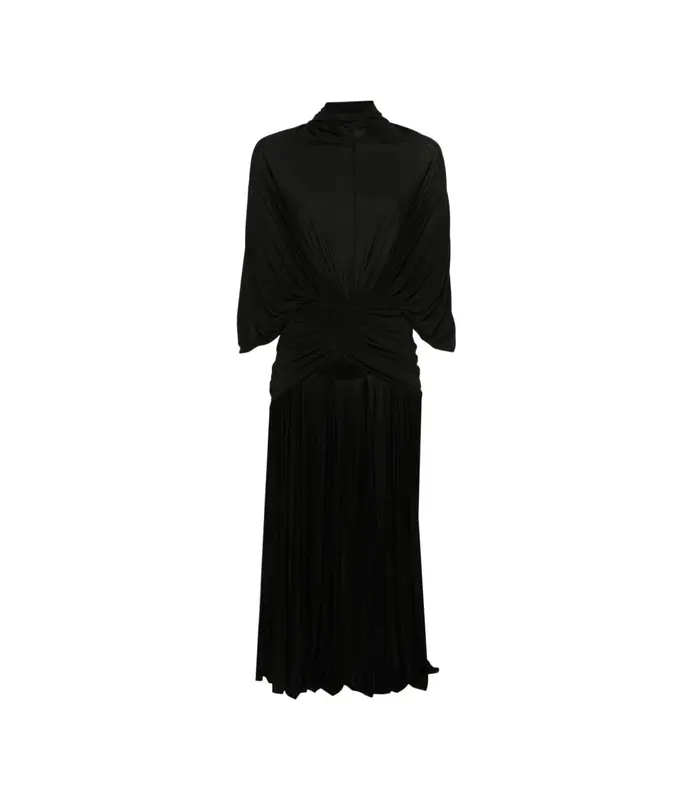 STRETCH VISCOSE LONG DRESS WITH BALACLAVA DETAILS AND LEATHER TAG BLACK