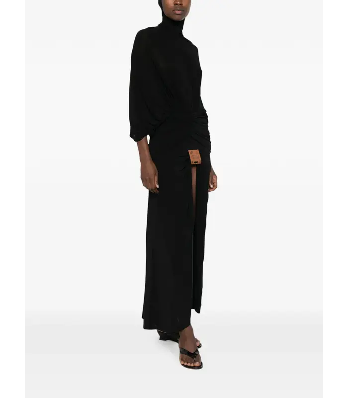 STRETCH VISCOSE LONG DRESS WITH BALACLAVA DETAILS AND LEATHER TAG BLACK