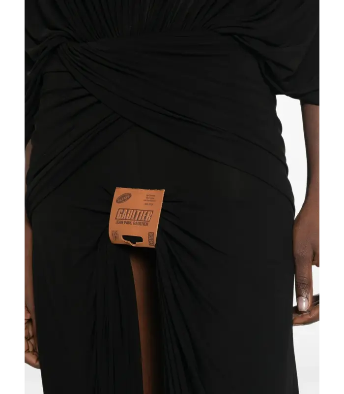 STRETCH VISCOSE LONG DRESS WITH BALACLAVA DETAILS AND LEATHER TAG BLACK