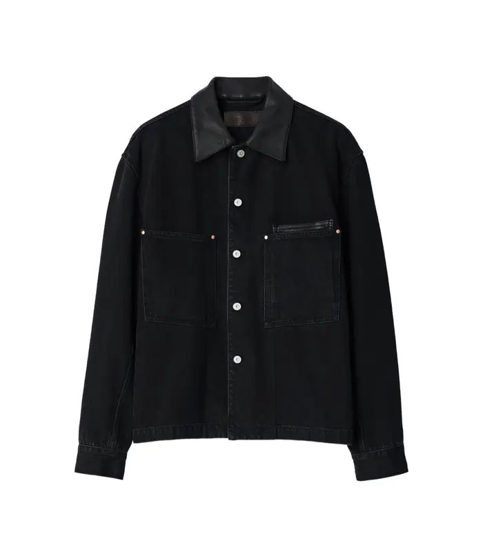 WORKWEAR OVERSHIRT WITH LEATHER COLLAR BLACK