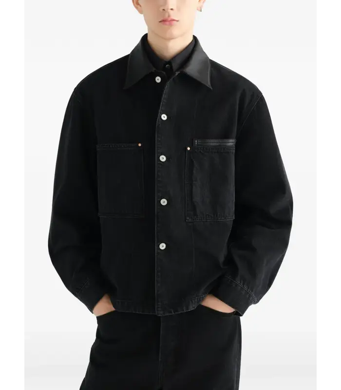 WORKWEAR OVERSHIRT WITH LEATHER COLLAR BLACK