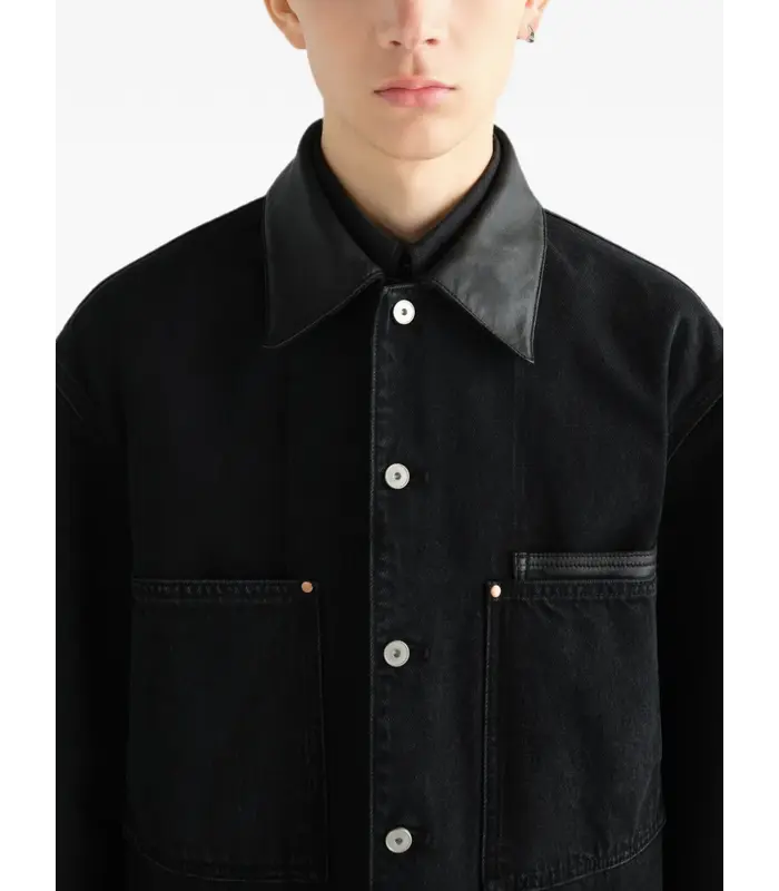 WORKWEAR OVERSHIRT WITH LEATHER COLLAR BLACK