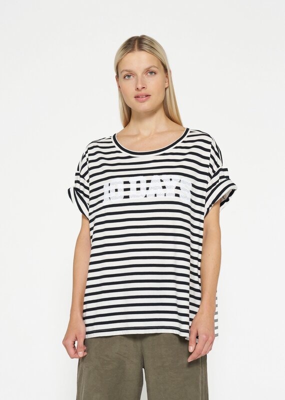 10Days 20-753-4201 tee stripe sequins logo ecru/black 10Days