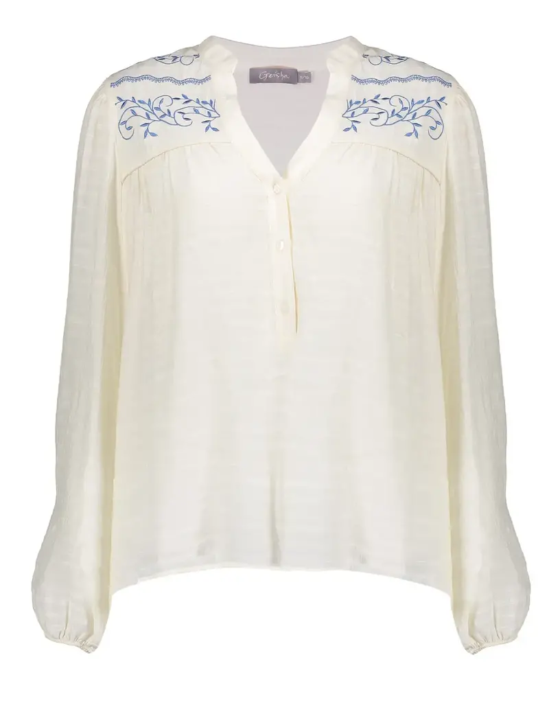 Geisha 43083-14 Blouse embroidery at joke off-white/blue Geisha