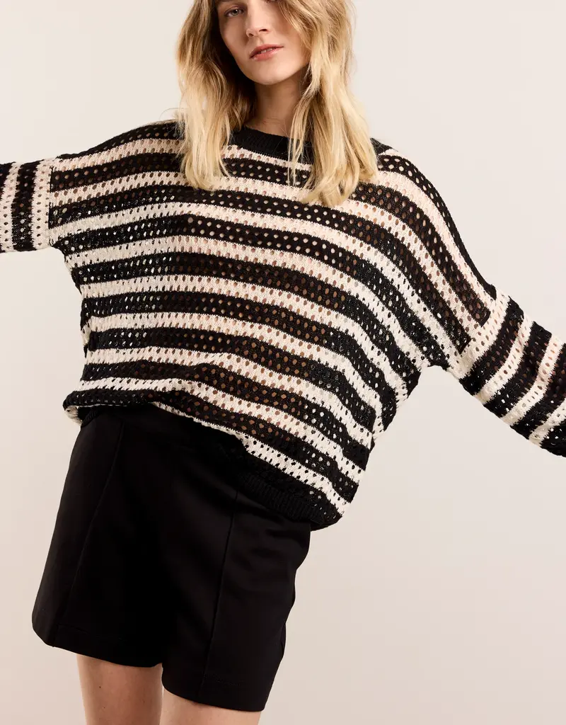 Summum Woman 7s5837-7993 Round neck sweater cotton ajour stripe knit  Black Summum