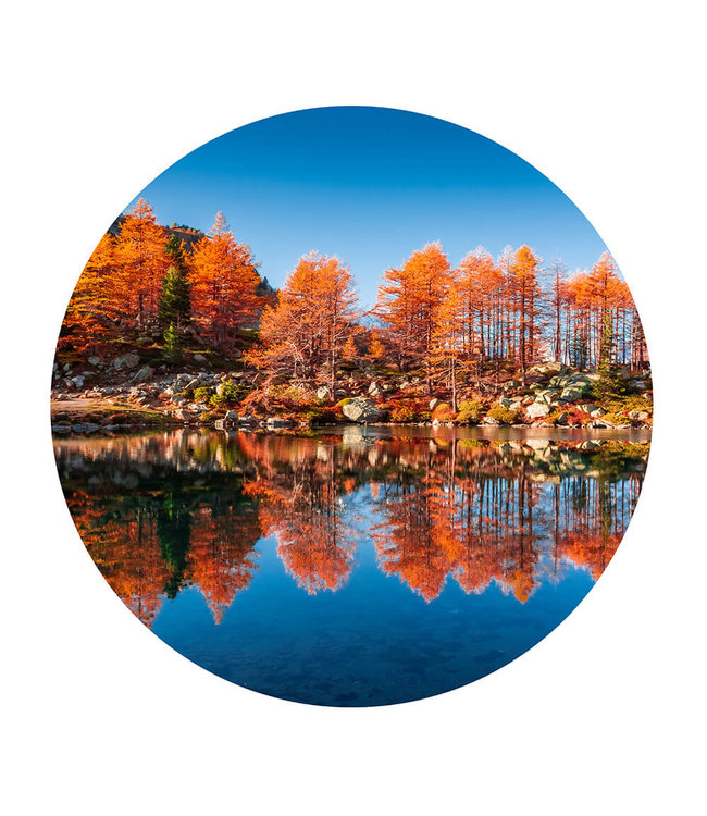 Round acoustic picture "Lake arpy reflections"- in an elegant aluminum frame