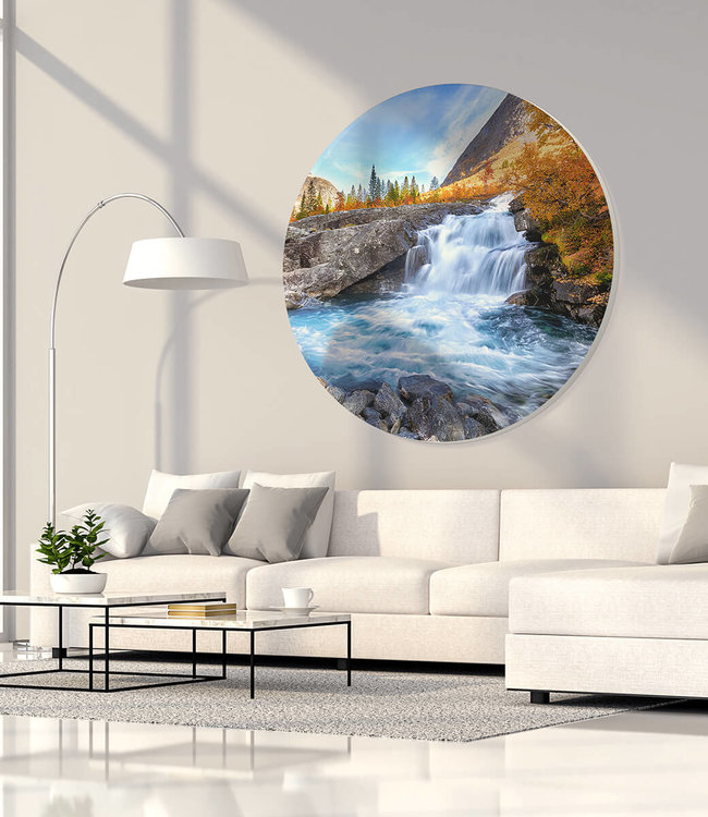 Round acoustic picture "Autumn landscape waterfall"- in an elegant aluminum frame