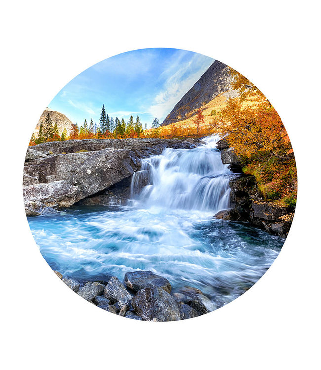 Rundes  Akustikbild "Autumn landscape waterfall"-in einem eleganten Aluminiumrahmen
