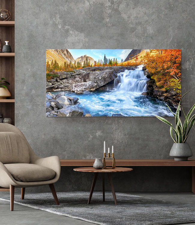 Akustisk bilde "Autumn landscape waterfall" - i en elegant aluminiumsramme