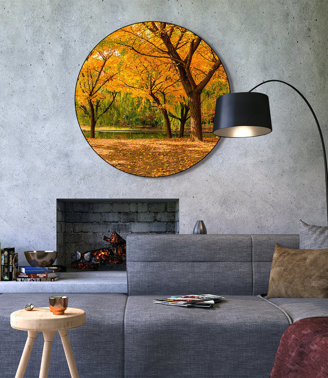 Rundt akustisk bilde "Autumn ginkgo trees" - i en elegant aluminiumsramme