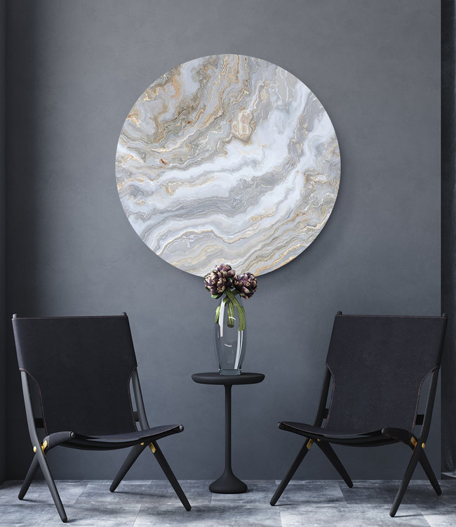 Rundt akustisk bilde "White Marble" - i en elegant aluminiumsramme