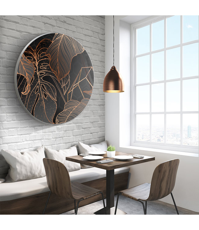 Round acoustic picture "Copper palm leaves"- in an elegant aluminum frame