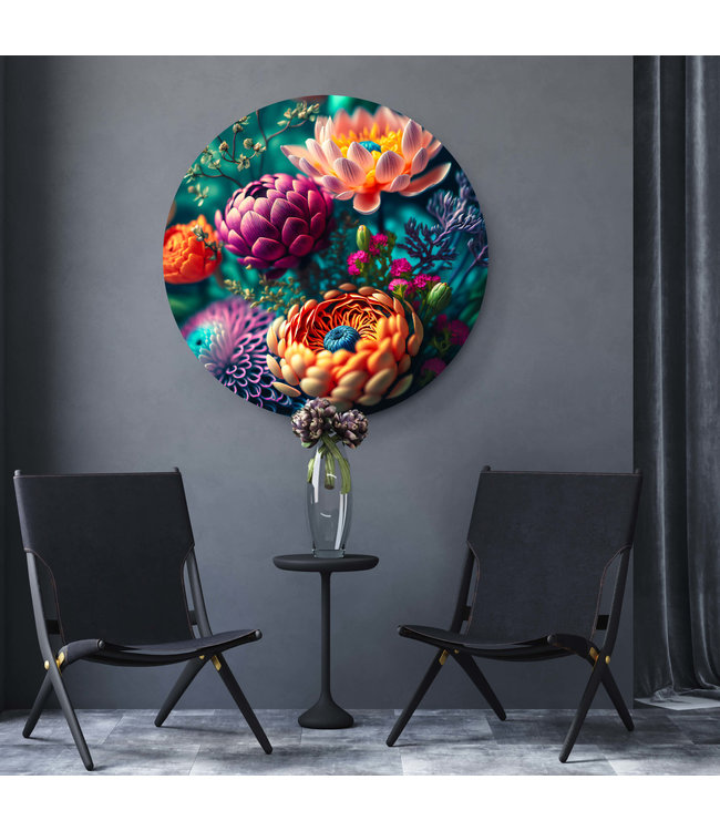 Rundt akustisk bild  "Colorful daisies" - i en elegant aluminiumsramme