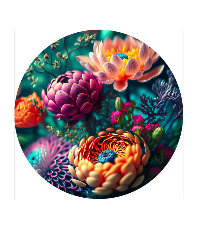 Rundt akustisk bild  "Colorful daisies" - i en elegant aluminiumsramme